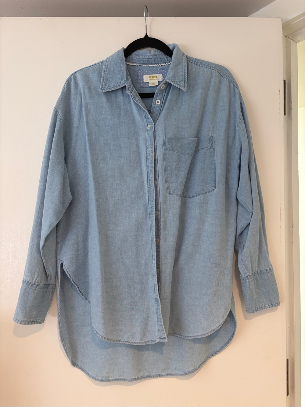 Maeve Light Wash Denim-Style Button Front Shirt